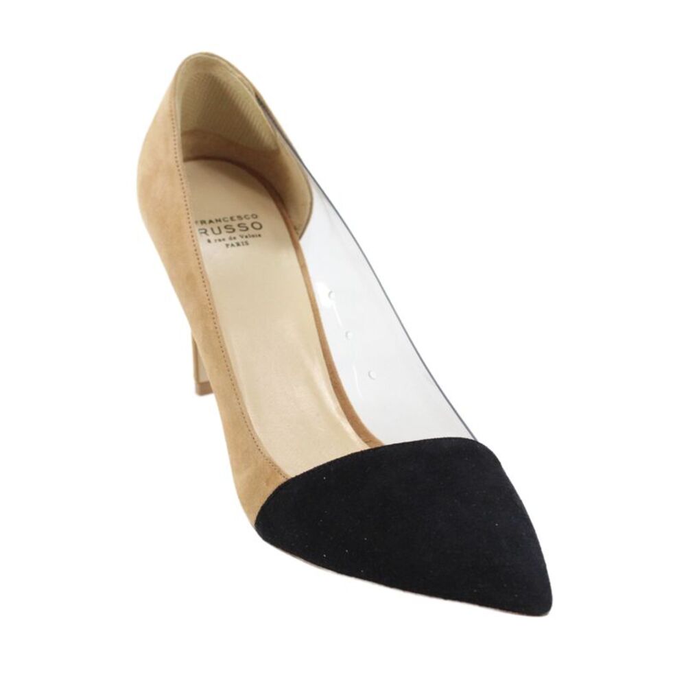 Francesco Russo Womens Suede  Pointed Toe Pumps Camel Beige Black Size 36.5 6.5